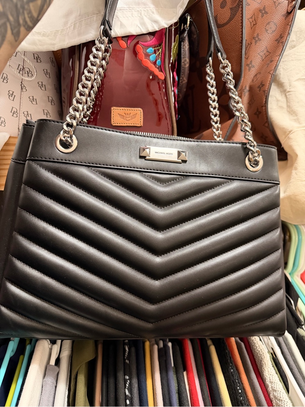 Michael Kors Black Chevron Quilted Shoulder Bag with Silver Chain